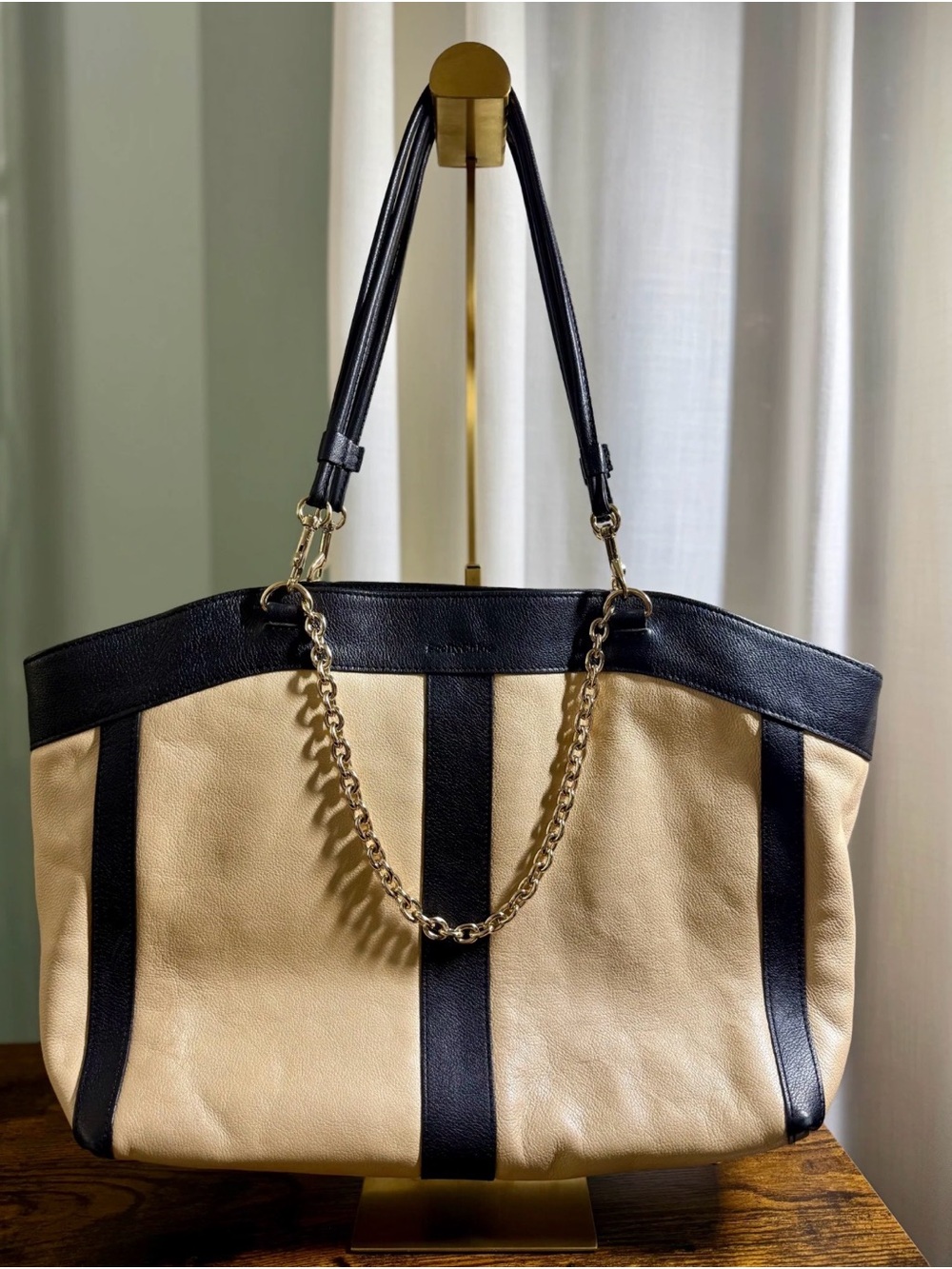 See By Chloe Cream and Black Leather Tote with Gold Chain